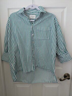Pomander Place Striped Adair Boyfriend Oversized Boxy Blouse Button Up Preppy